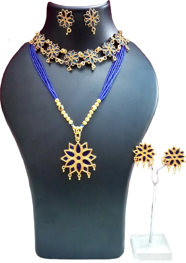 Assamese_Traditional_Gold_Plated_Blue_Colour_Combo_Jewellery_Set_For_Women